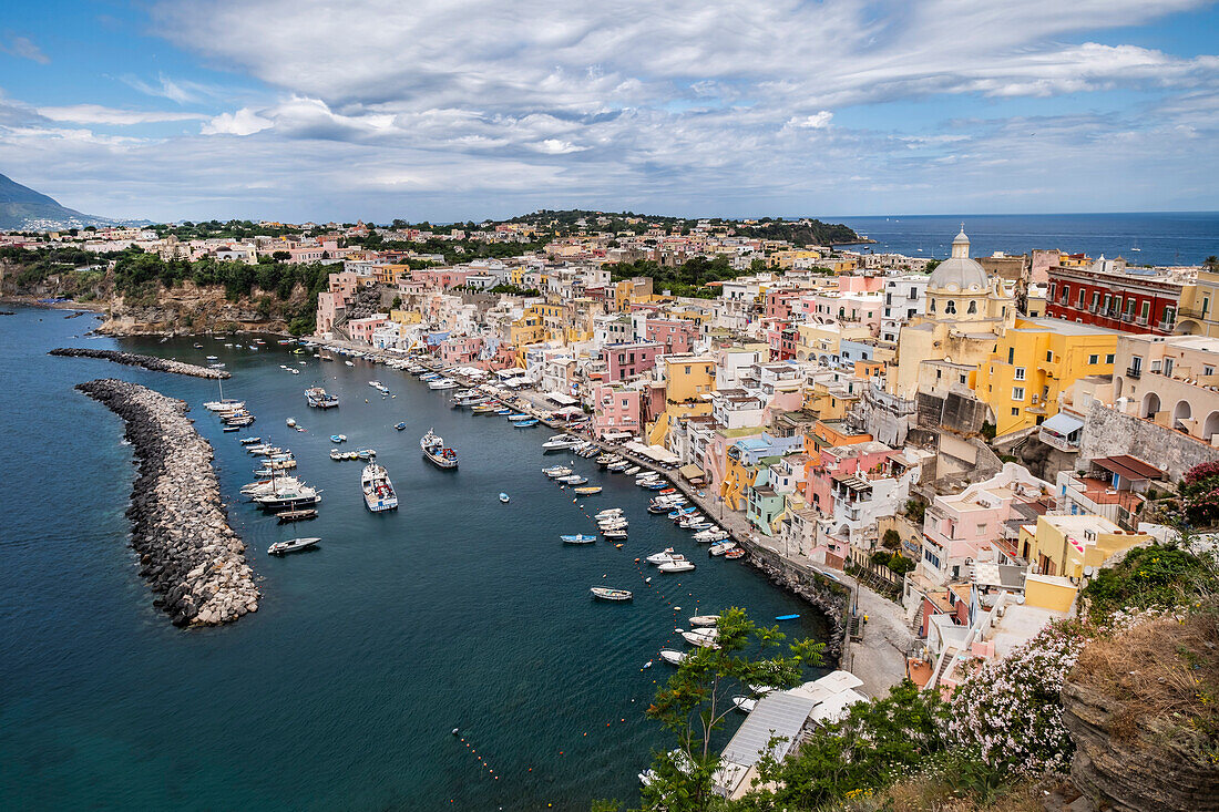  View over Procida and Marina Corricella from Tera Murata,Procida Island,Gulf of Naples,Italy 