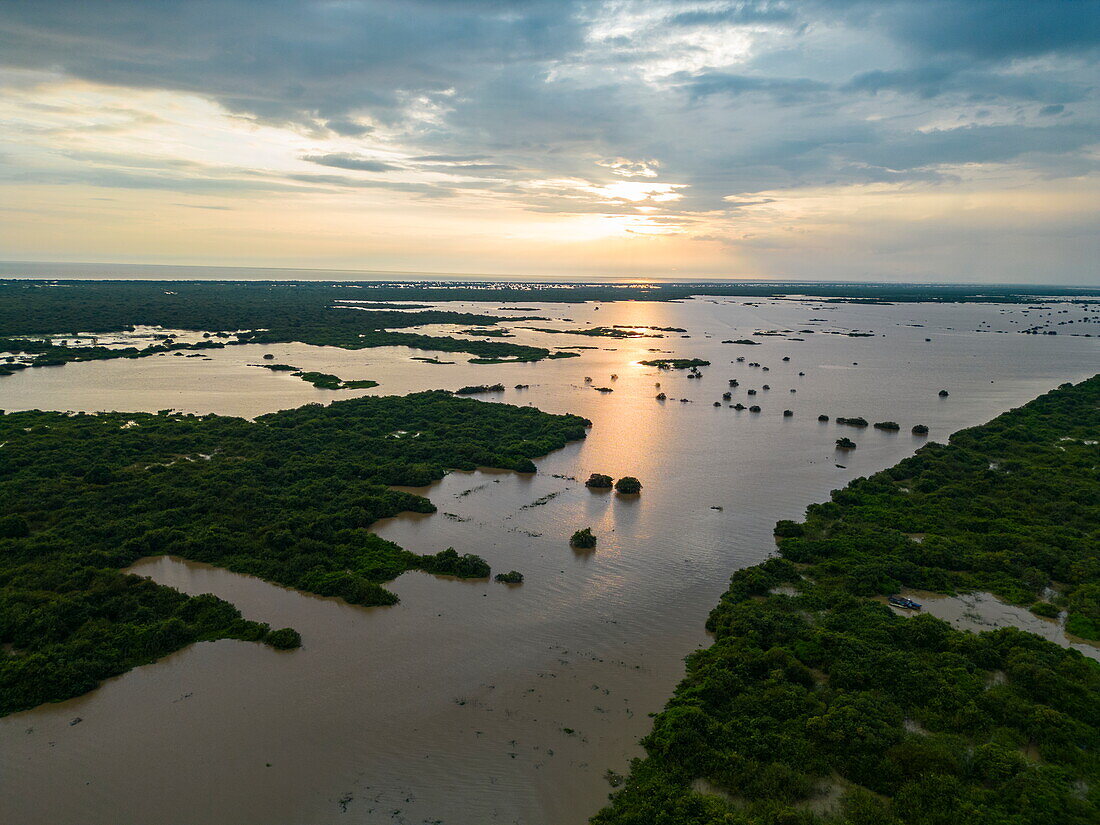  Aerial view of flood plain at Tonle Sap Lake at sunset, Chong Khnies, near Siem Reap, Siem Reap Province, Cambodia, Asia 