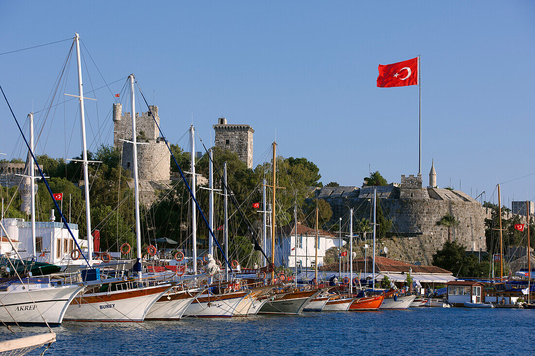 Traditional Turkish gulets moored at Bodrum Marina near the Bodrum Castle. Bodrum city, Mugla Province, Turkey.