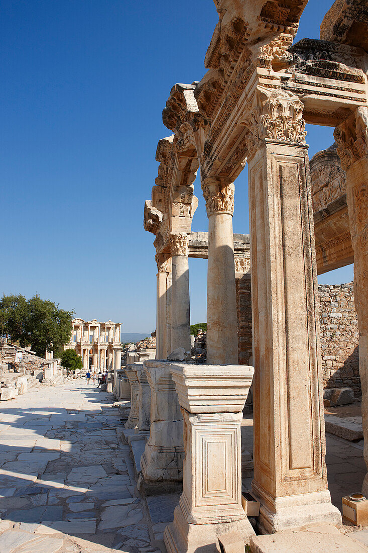 Side view of the Temple of Hadrian on Curetes Street in the ancient city of Ephesus, a UNESCO World Heritage Site. Ephesus Archaeological Site, Turkey.