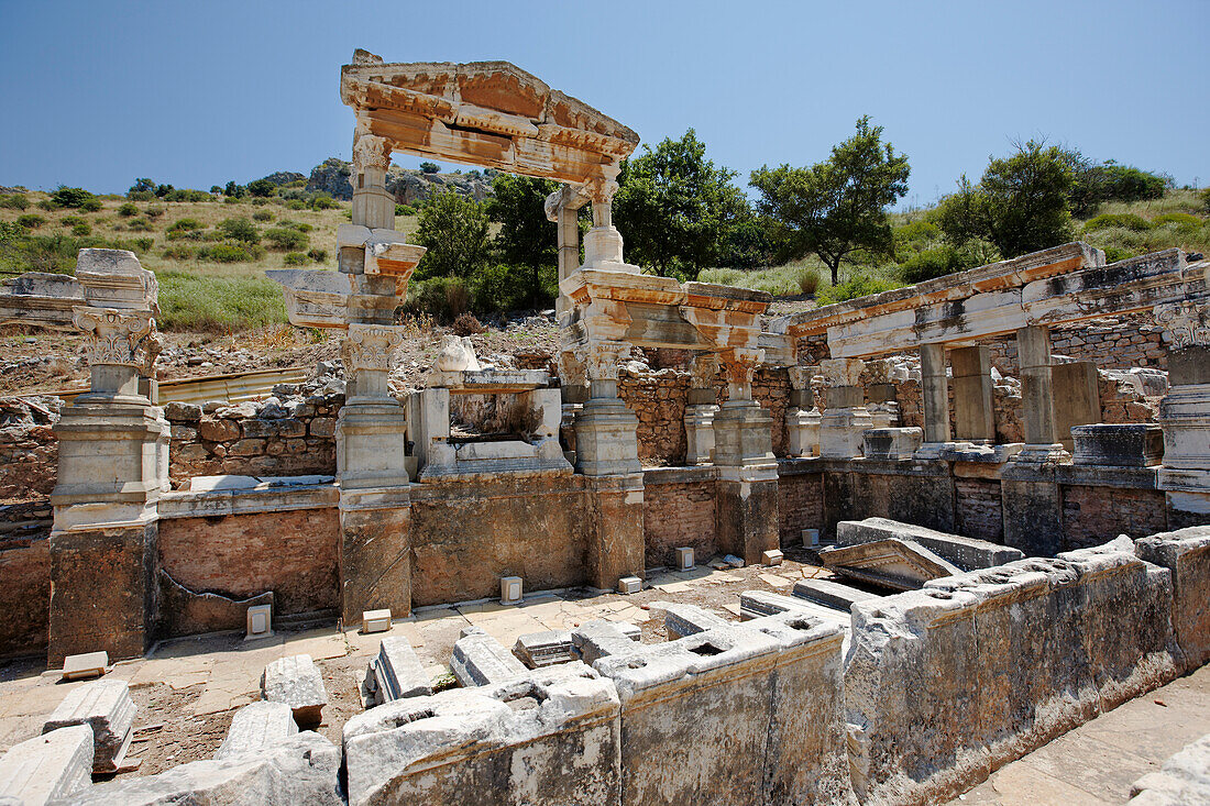 The Fountain of Trajan in the ancient city of Ephesus, a UNESCO World Heritage Site. Ephesus Archaeological Site, Izmir Province, Turkey.