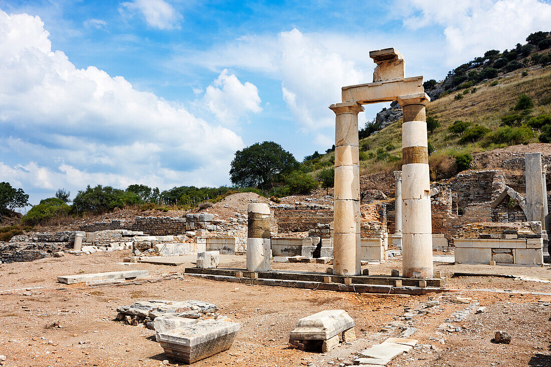 Reconstructed columns of the Prytaneum in the ancient city of Ephesus, a UNESCO World Heritage Site. Ephesus Archaeological Site, Turkey.