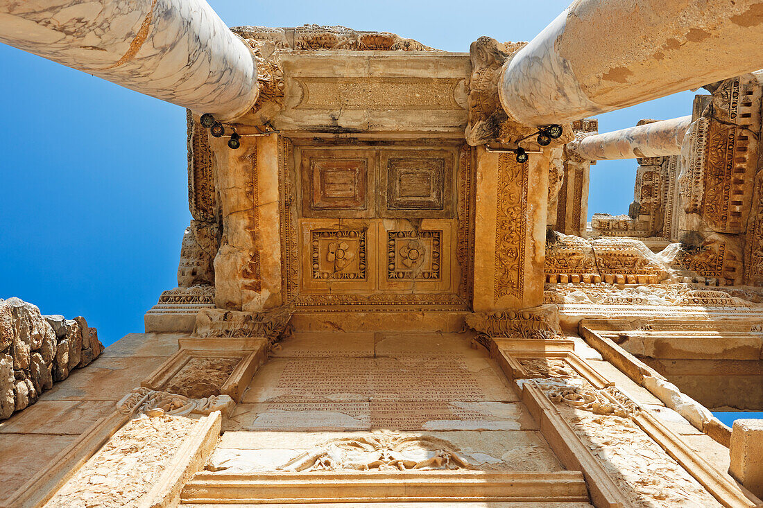 A view from below of the ceiling at the Celsus Library in the ancient city of Ephesus, a UNESCO World Heritage Site. Izmir Province, Turkey.