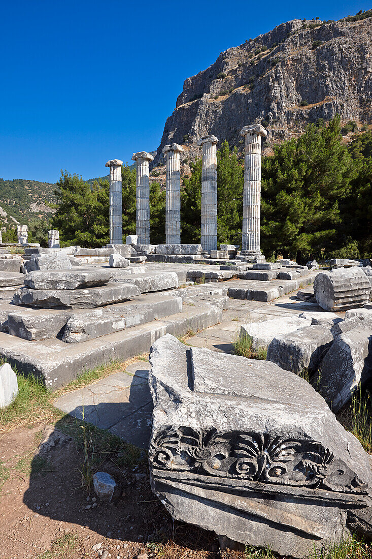 Ruins of the Temple of Athena in Priene, an ancient Greek city of Ionia. Aydin Province, Turkey.