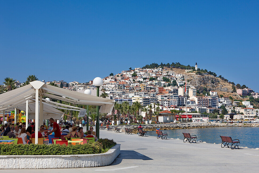 Seafront promenade in Kusadasi, a large resort town on the Aegean coast of Aydin Province, Turkey.