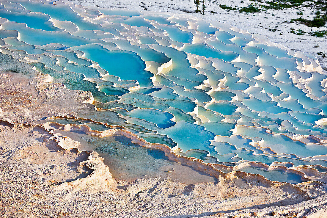 Close up view of travertine terraces of Pamukkale. Denizli Province, Turkey.