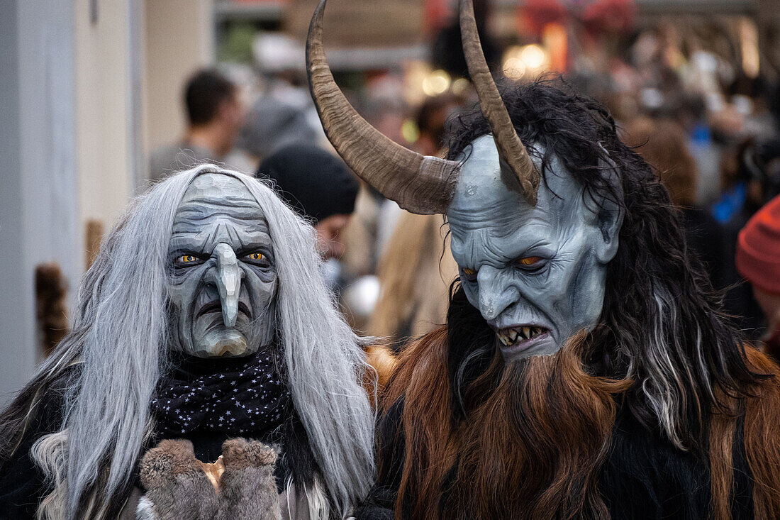  Detailed view of Percht costume at the Krampus run in Munich, Bavaria, Germany, Europe 