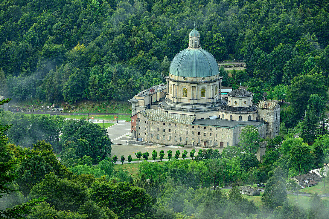  Deep view of the pilgrimage church of Oropa, Basilica superiore, UNESCO World Heritage Site Sacri Monti, Biella, Alpi Biellesi, Valais Alps, Piedmont, Italy 