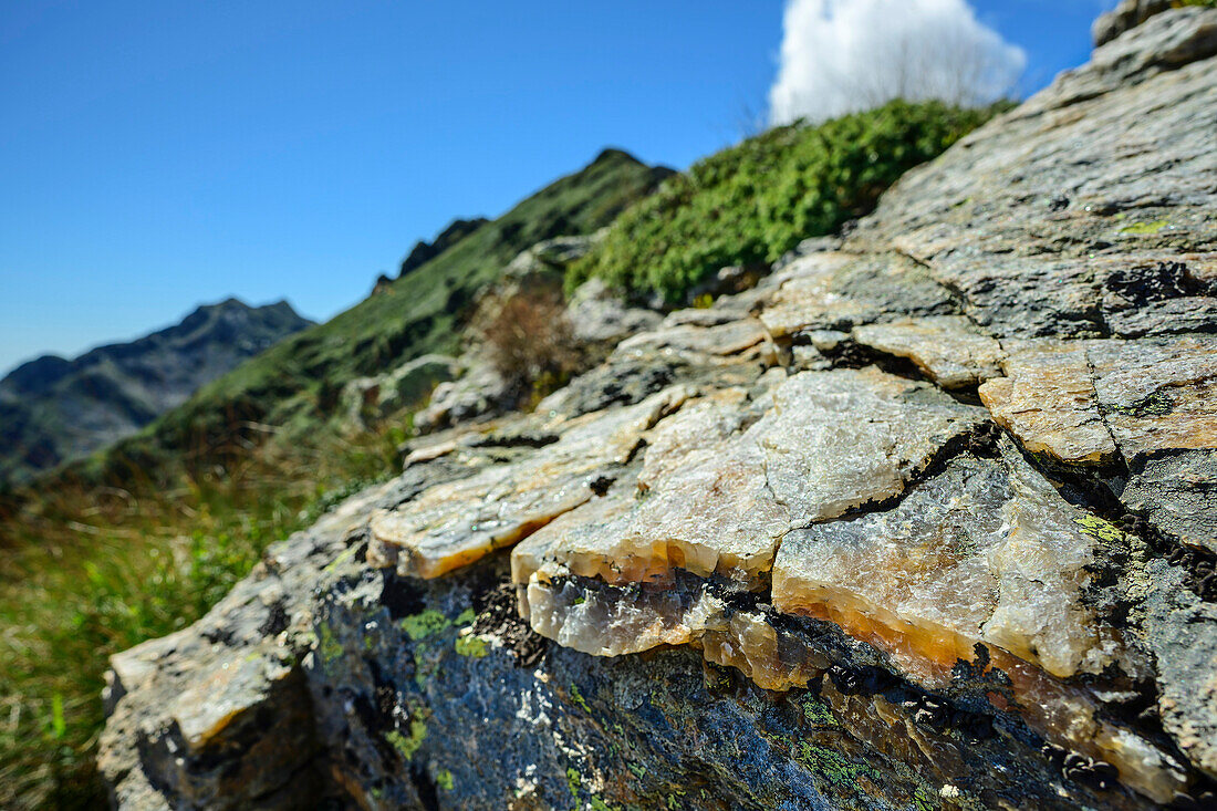  Rock with quartz and Alpi Biellesi out of focus in the background, GTA, Grande Traversée des Alpes, Biella, Alpi Biellesi, Valais Alps, Piedmont, Italy 