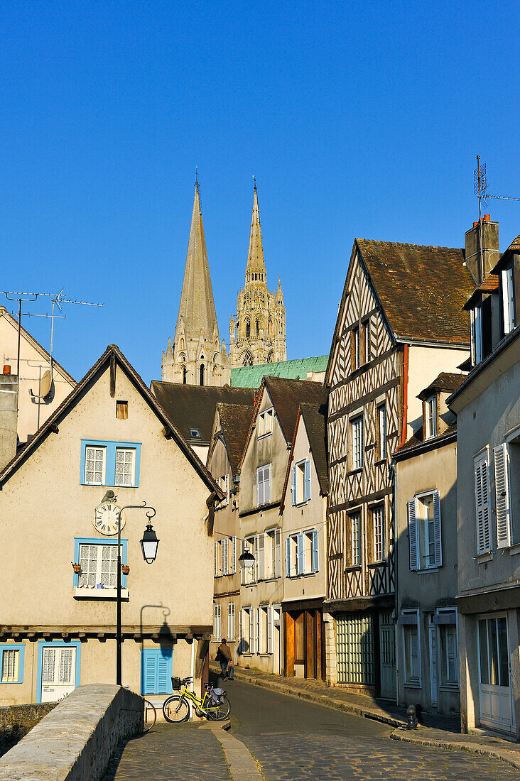 Bouju bridge and Bourg street with spires of the Cathedral in the background, Chartres, Eure-et-Loir department, Centre-Val de Loire region, France, Europe