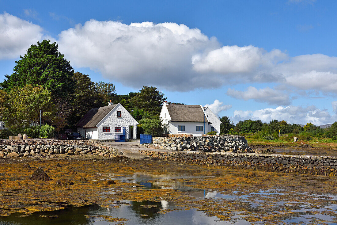 Cottages at low tide on Annaghvaan Island, west coast, County of Galway, Connemara, Republic of Ireland, North-western Europe