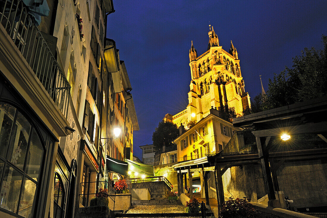 Cathedral of Notre Dame viewed from Escaliers du Marche by night,Lausanne,Canton of Vaud,Switzerland,Europe