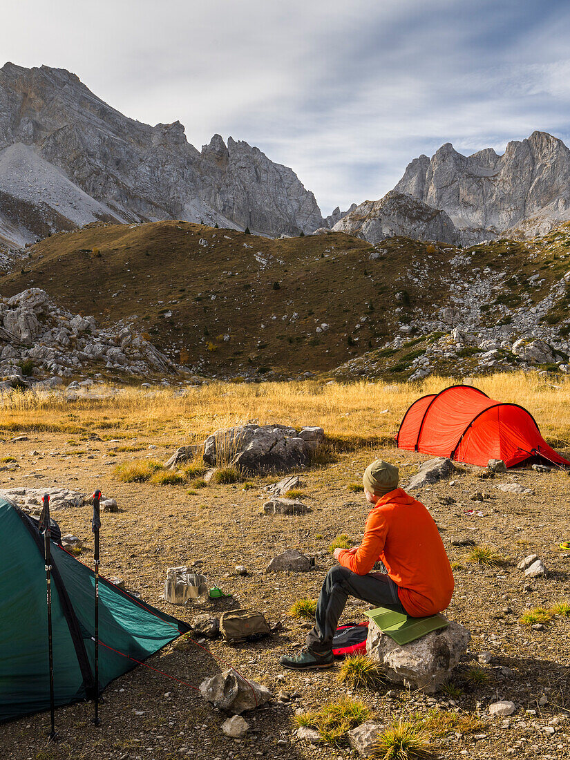  Camping in the high valley of Buni i Jezerces, Prokletije mountains, Albania, Europe 