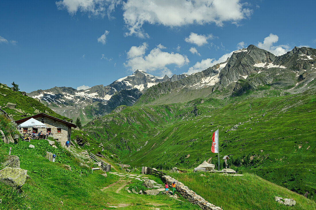  Man and woman hiking down from Tauernalm, Dreiherrenspitze in the background, Tauernalm, Ahrntal, Zillertal Alps, South Tyrol, Italy 