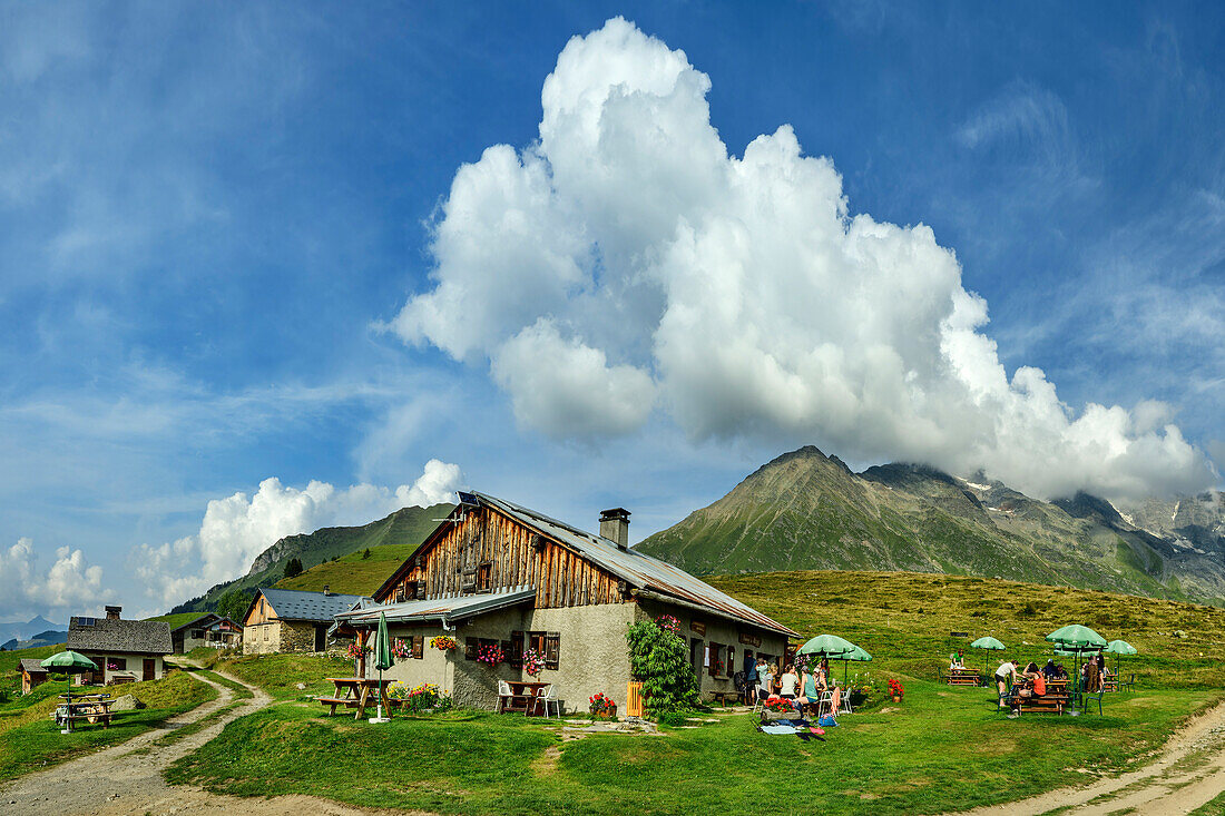  Panorama with Auberge du Truc hut and Mont Blanc group in clouds, Tour du Mont Blanc, Mont Blanc group, Graian Alps, Haute-Savoie, Upper Savoy, France 