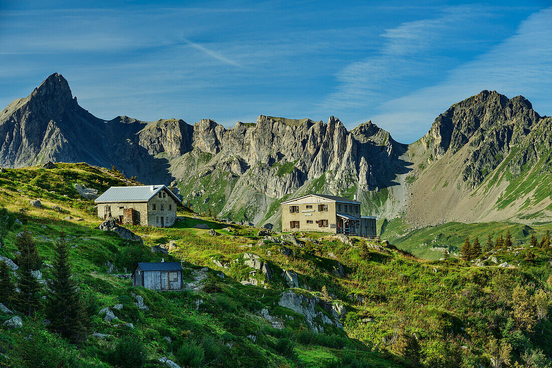  Hut Refuge de Trè la Tête with Aiguilles de la Pennaz, Tour du Mont Blanc, Mont Blanc group, Graian Alps, Haute-Savoie, Haute-Savoie, France 