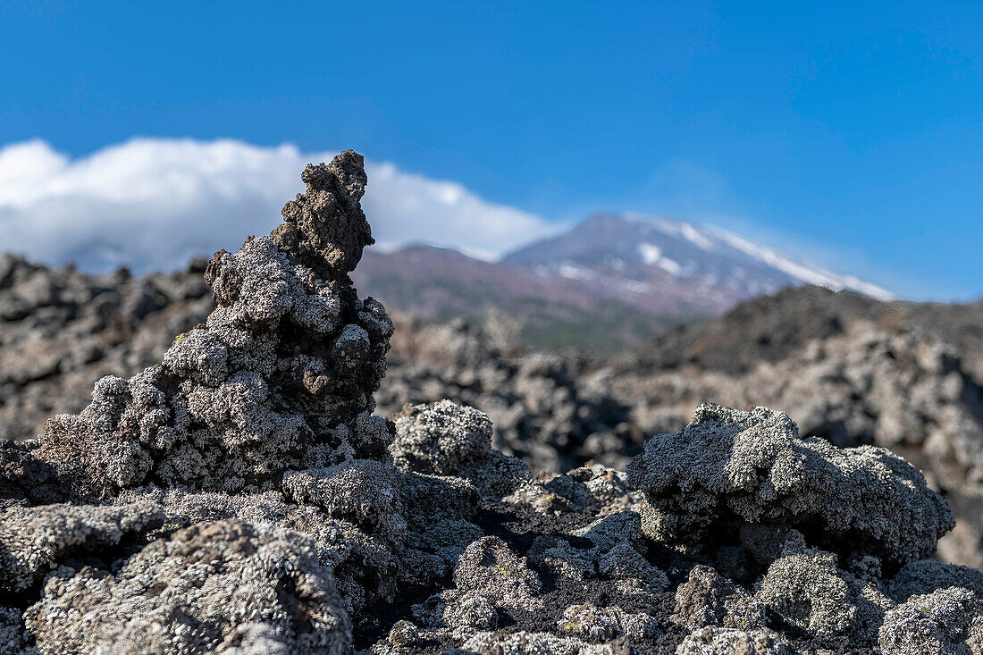  Lava field with summit crater of Etna in the background, lava, UNESCO World Heritage volcano, stratovolcano, Etna, Etna, Italy, Sicily,\n 