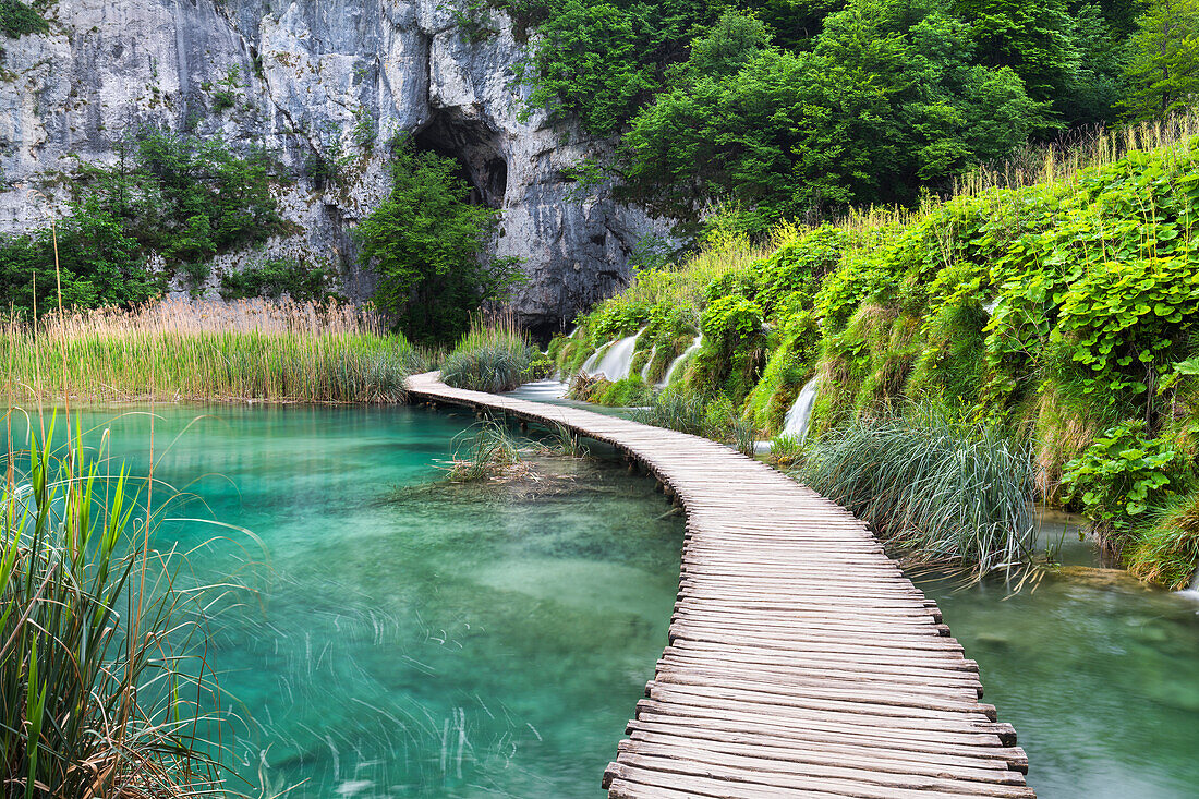  Wooden walkway, waterfall in Plitvice National Park, Croatia 