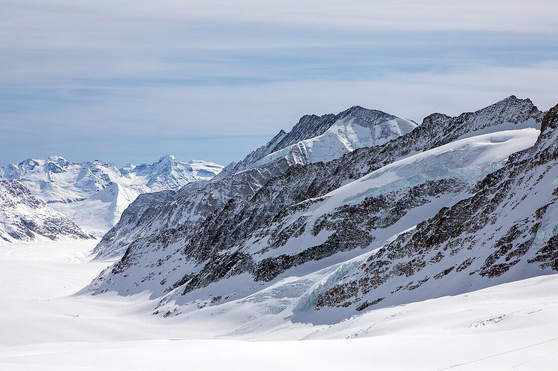 Kranzberg und Aletschgletscher im Winter, Alpen, Wengen, Grindelwald, Interlaken, Kanton Bern, Schweiz, Europa