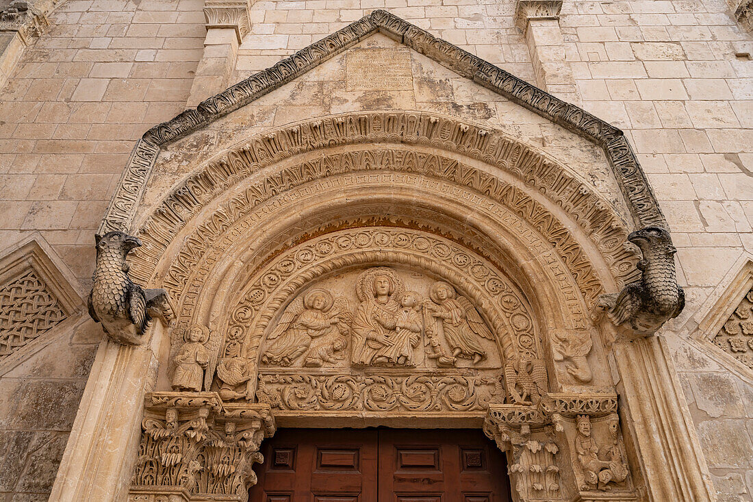  Relief above the portal of the church of Santa Maria Maggiore in Monte Sant&#39;Angelo, Gargano, Apulia, Italy, Europe 