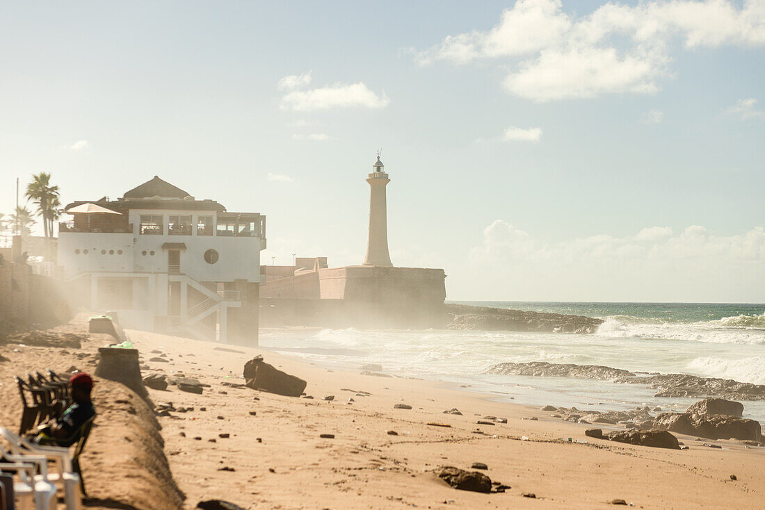  Rabat beach at high tide and lunchtime in Rabat, Morocco. 