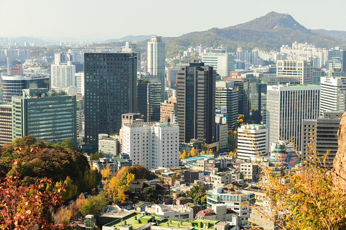 Blick auf die Skyline von Seoul im Herbst von Namsan Mountrain Park, Südkorea