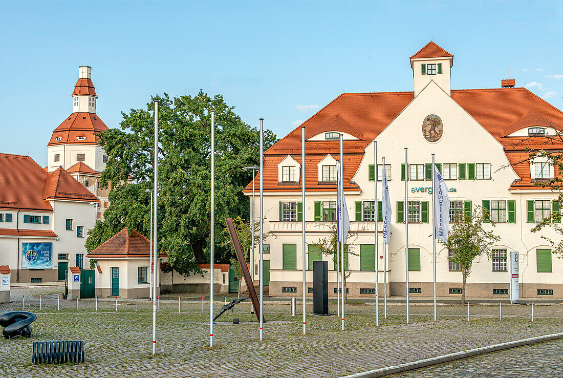  Entrance to the Dresden Trade Fair in the buildings of the former slaughterhouse, Saxony, Germany 