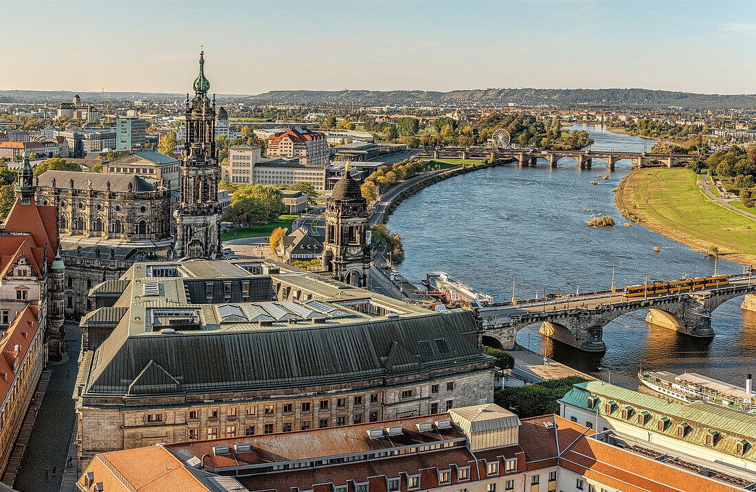 Aussicht von der Dresdner Frauenkirche am Abend, Dresden, Sachsen, Deutschland