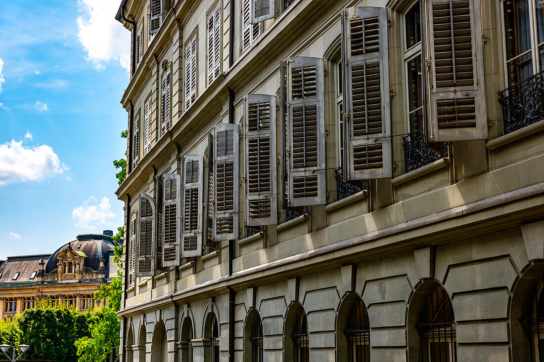 Beautiful House with Window Shutter in Old Town in a Sunny Summer Day in Fribourg, Canton Fribourg, Switzerland.