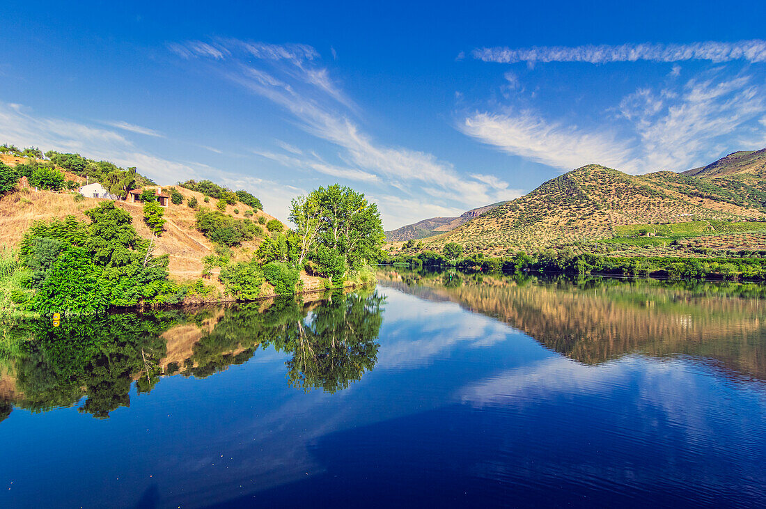 Blick von der spanischen Seite, Region Salamanca, Spanien über den Fluss Douro bei Barca d' Alva, Parque Natural do Douro Internacional, Distrikt Guarda, Portugal