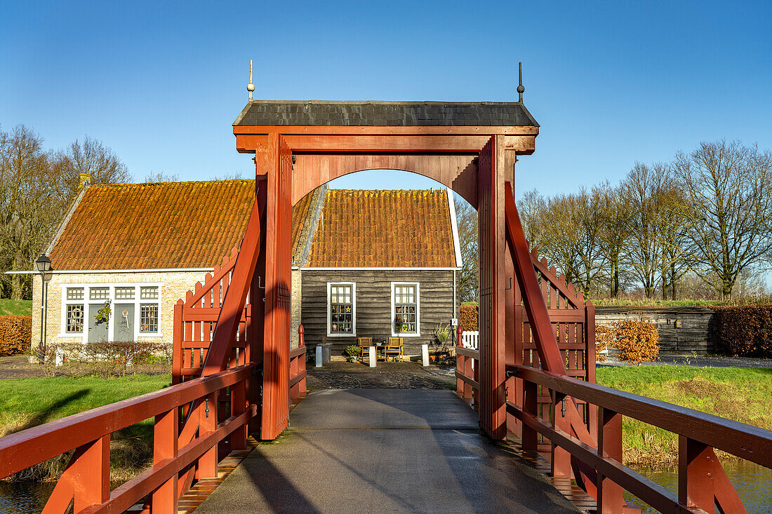  Drawbridge of the inhabited former fortress Bourtange, Groningen, Netherlands  