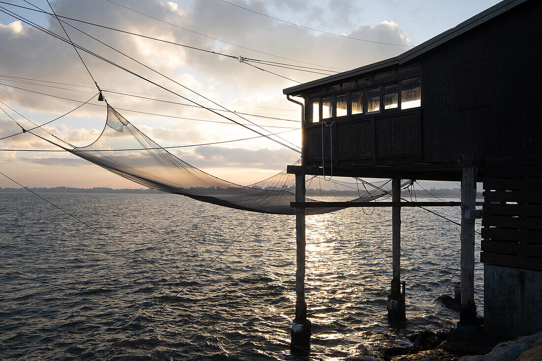  View of the Trabocchi in Sottomarina, in the background the beach, Chioggia, Veneto, Italy, Europe 