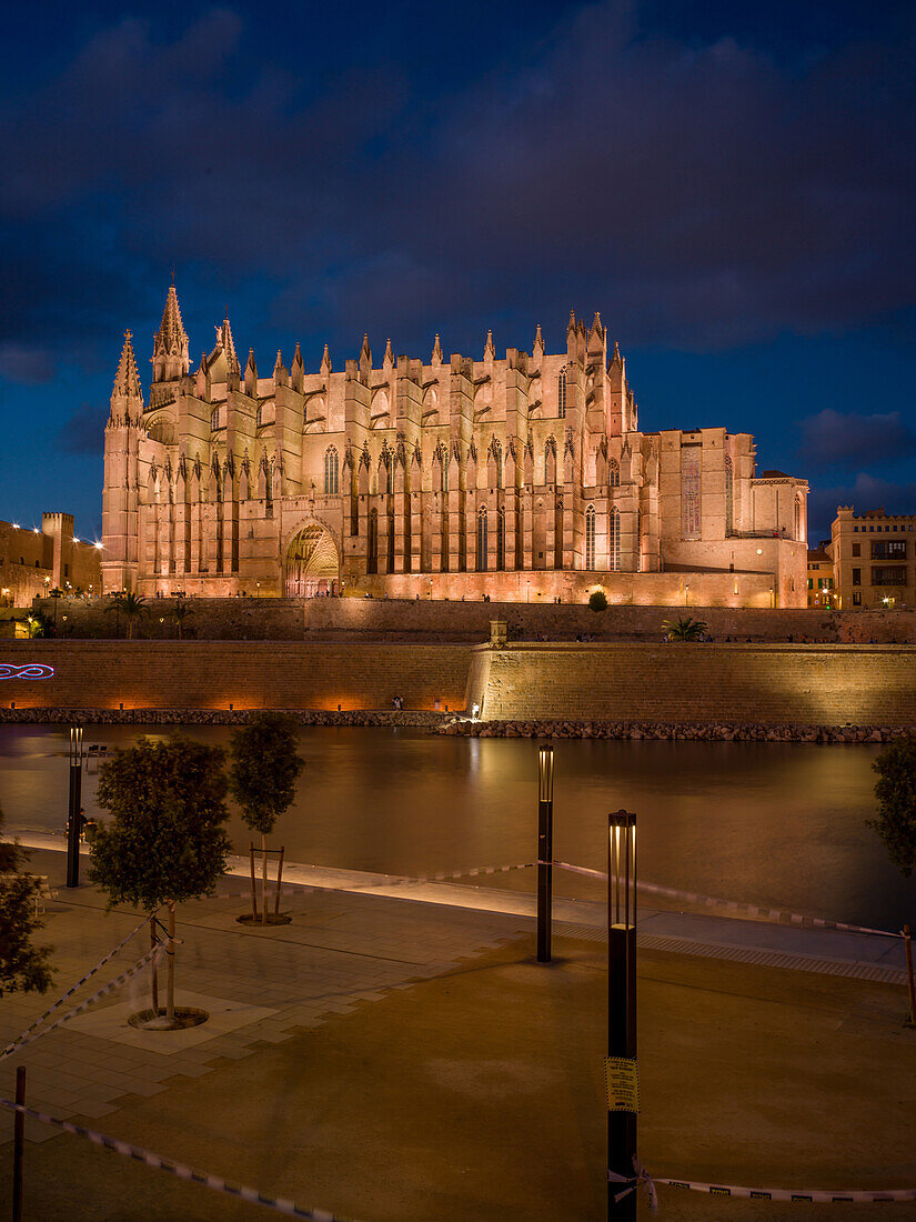 Blick auf Kathedrale La Seu bei Nacht, Parc de la Mar, Palma de Mallorca, Mallorca, Balearen, Mittelmeer, Spanien