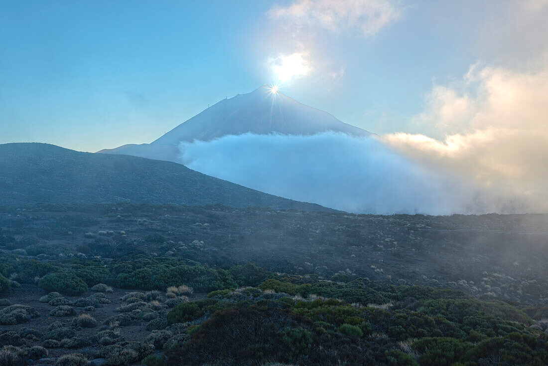  Panorama from the east at sunset over the Teide National Park, Parque Nacional del Teide, to the Pico del Teide, 3715m, Tenerife, Canary Islands, Spain, Europe 