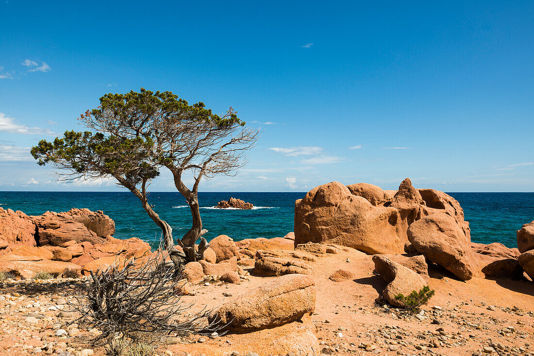 Rote Felsen und Meer, Spiaggia di Coccorocci, bei Tertenia, Provinz Ogliastra, Sardinien, Italien