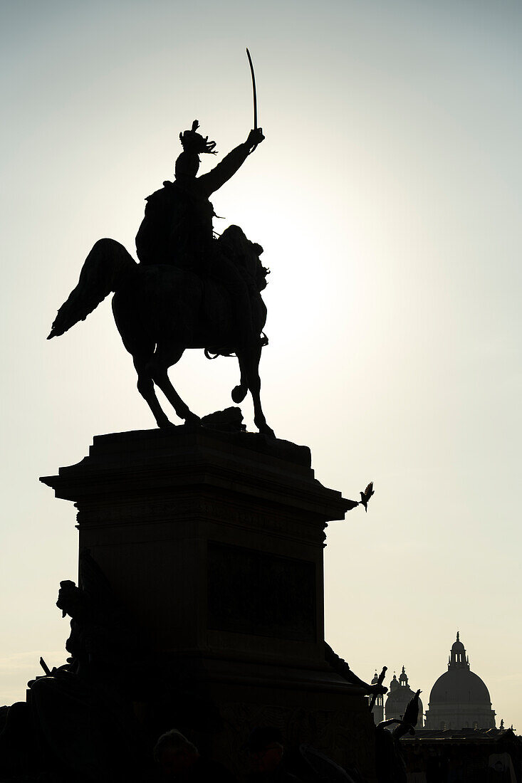 Silhouette of the Monument to Victor Emmanuel II, known by the Venetians simply as the monument, located in Riva degli Schiavoni, in Castello, Venice, Italy.