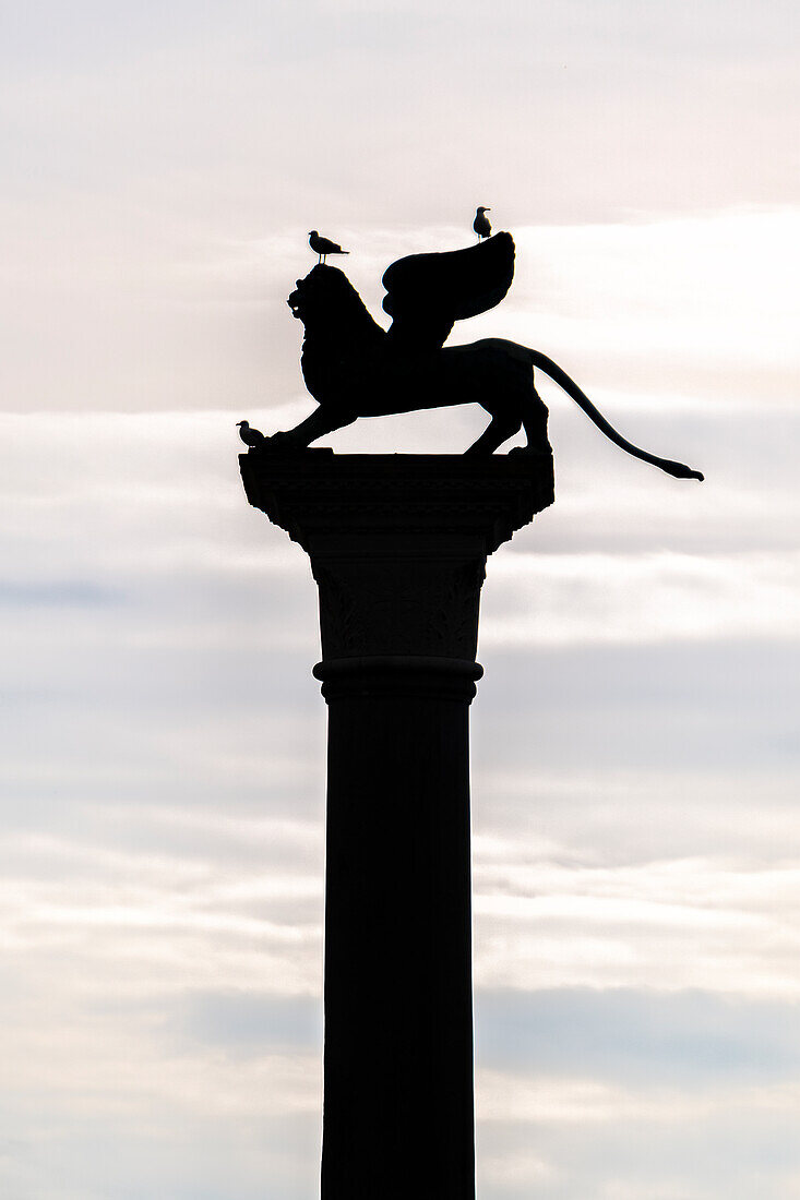 Silhouette of The Lion of Venice; an ancient bronze sculpture of a winged lion in the Piazza San Marco of Venice, Italy, which came to symbolize the city.