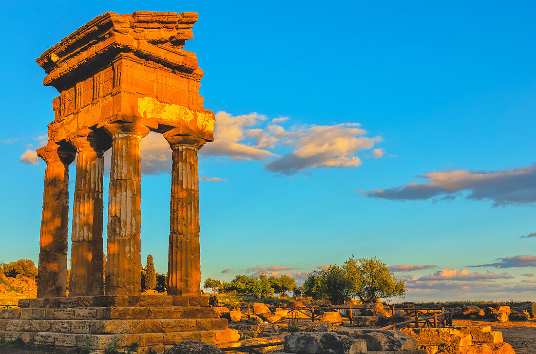 Temple of Castor and Pollux at sunset, Valley of Temples, Agrigento, Sicily, Italy