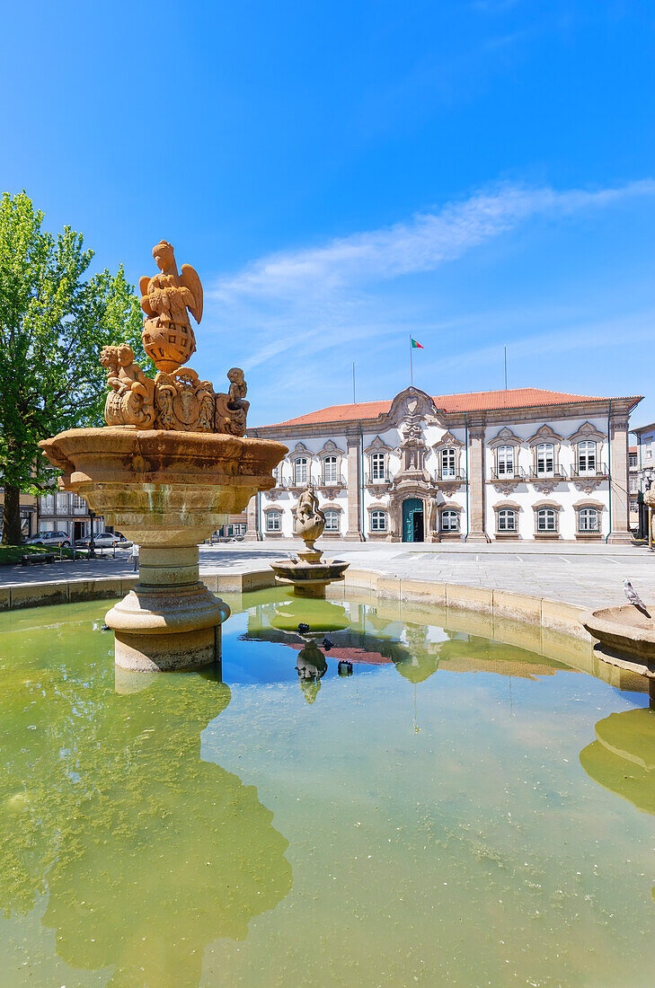 View of Pelican fountain and Braga town hall in the background, Braga, Minho Province, Portugal