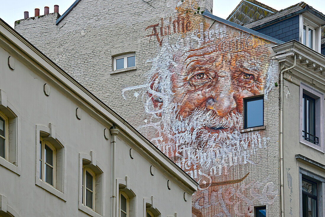 Ausschnitt, Wandgemälde Sagesse (Weisheit) des belgischen Wandgemälde-Künstlers Spear, Rue de Namur 14, Brüssel, Belgien, Europa