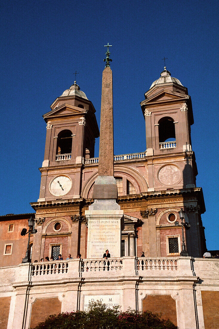 Facade of the Church of Santissima Trinita dei Monti (Church of the Most Holy Trinity on the Mounts), a Roman Catholic titular church in Rome, Italy.