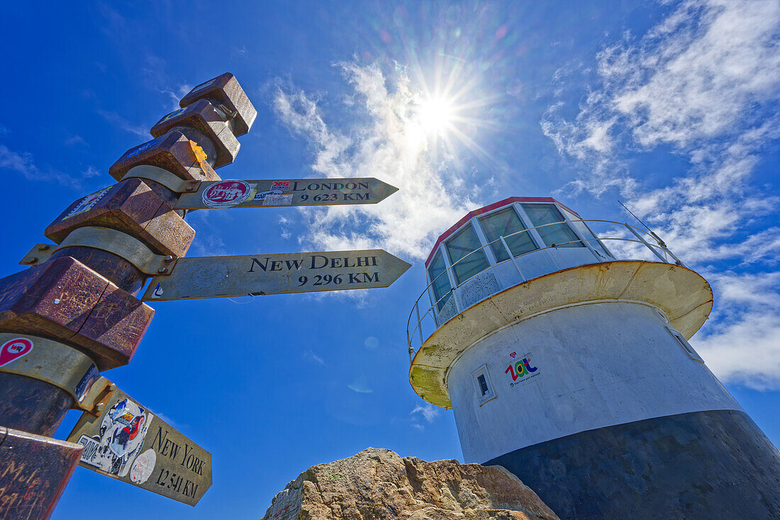  Old lighthouse and distance signs, Cape of Good Hope, Western Cape, South Africa, Africa 