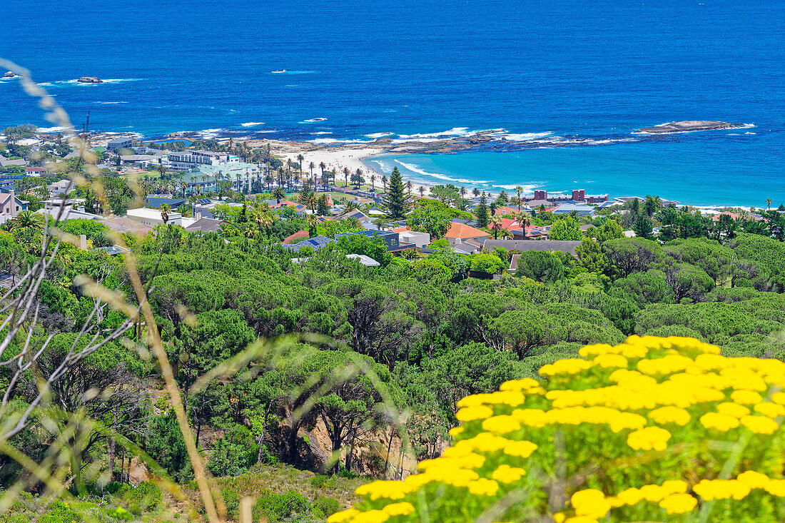  View from Camps Bay Dr to Camps Bay Beach and the South Atlantic Ocean, Camps Bay, Cape Town, South Africa, Africa 