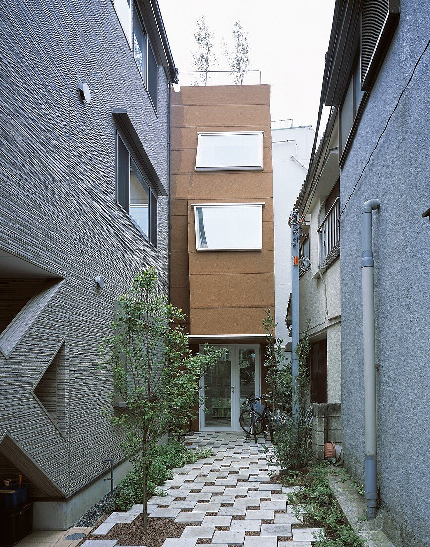 A newly built house with plants in a tiled entrance way