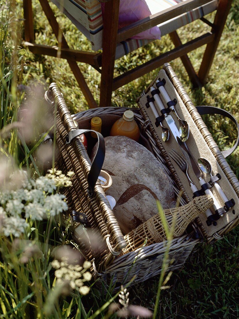 Ein geöffneter Picknickkorb im Gras