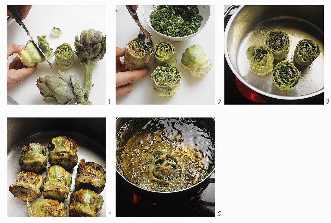 Preparing stuffed artichokes (deep-frying)