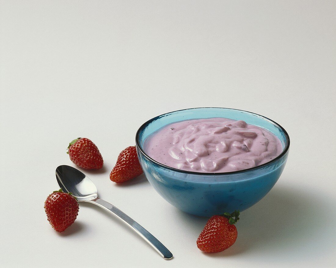Bowl of Strawberry Yogurt; Fresh Strawberries