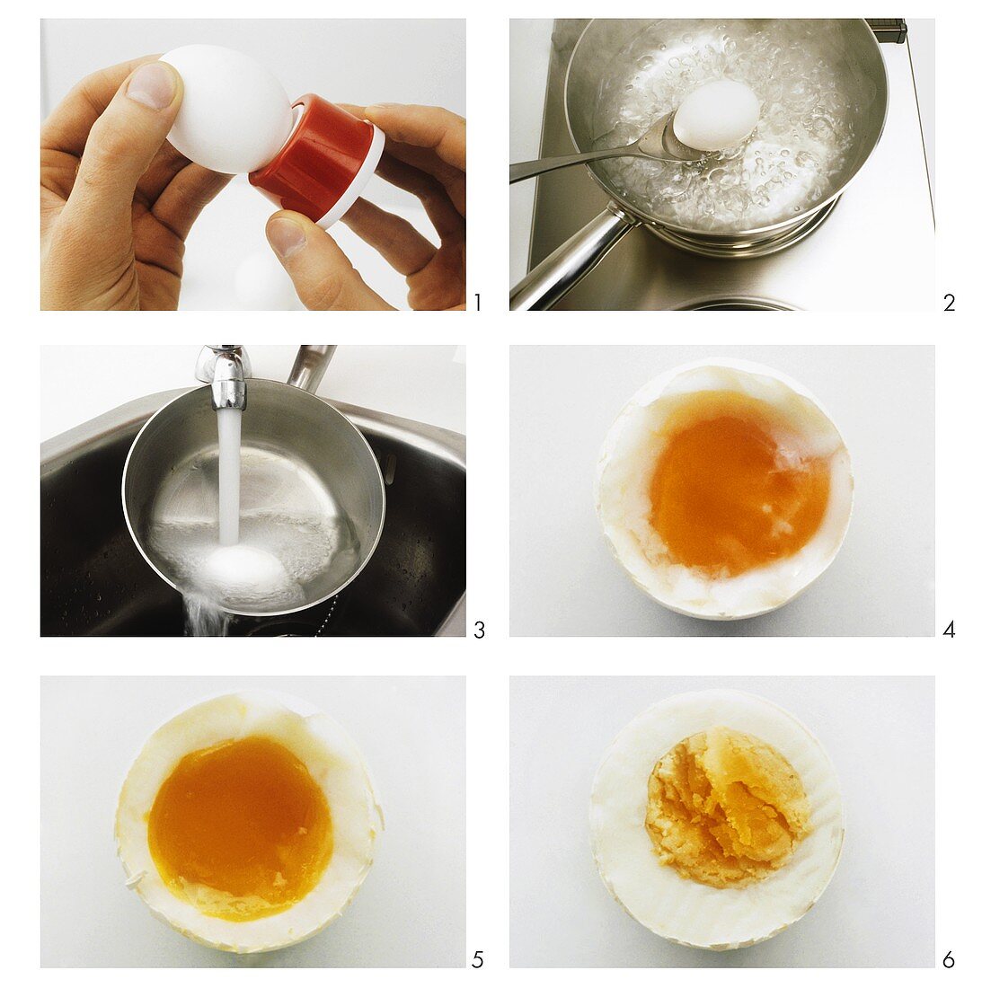 Eier kochen (vier, sechs und acht Minuten)