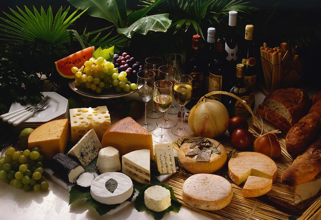 Fine Cheese Selection with Fruit and Wine