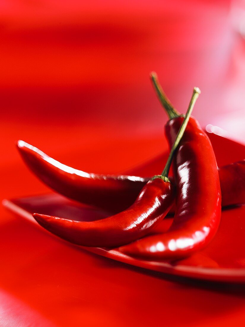 Red chillies on red plate